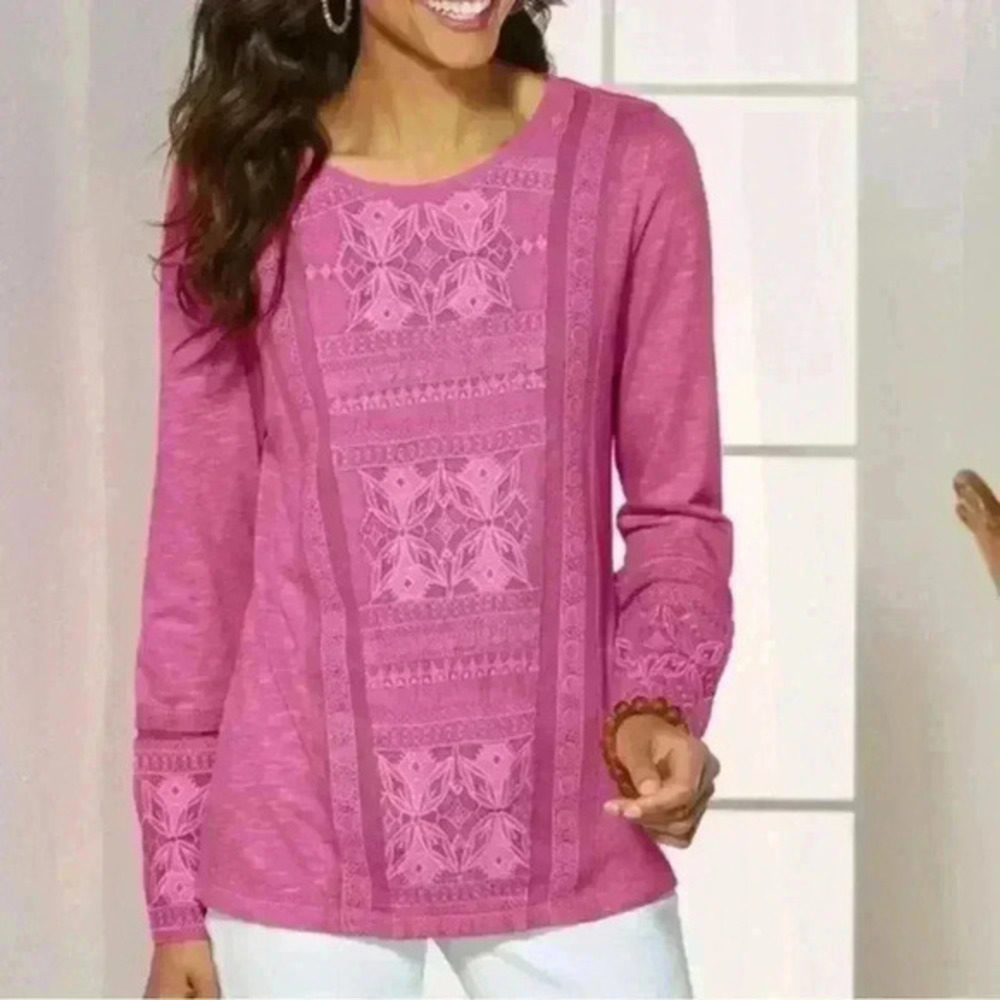 Soft Surroundings Alta‎ Mara Lace Embroidered Top Womens Sz XS Pink